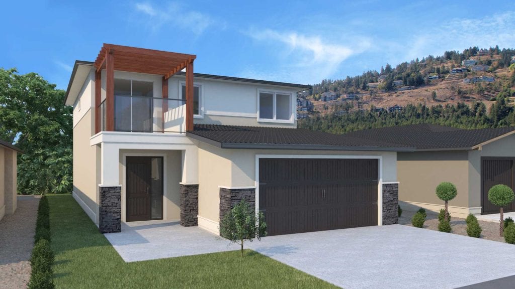 exterior shot of cream coloured moscato west harbour home with a hill in the background